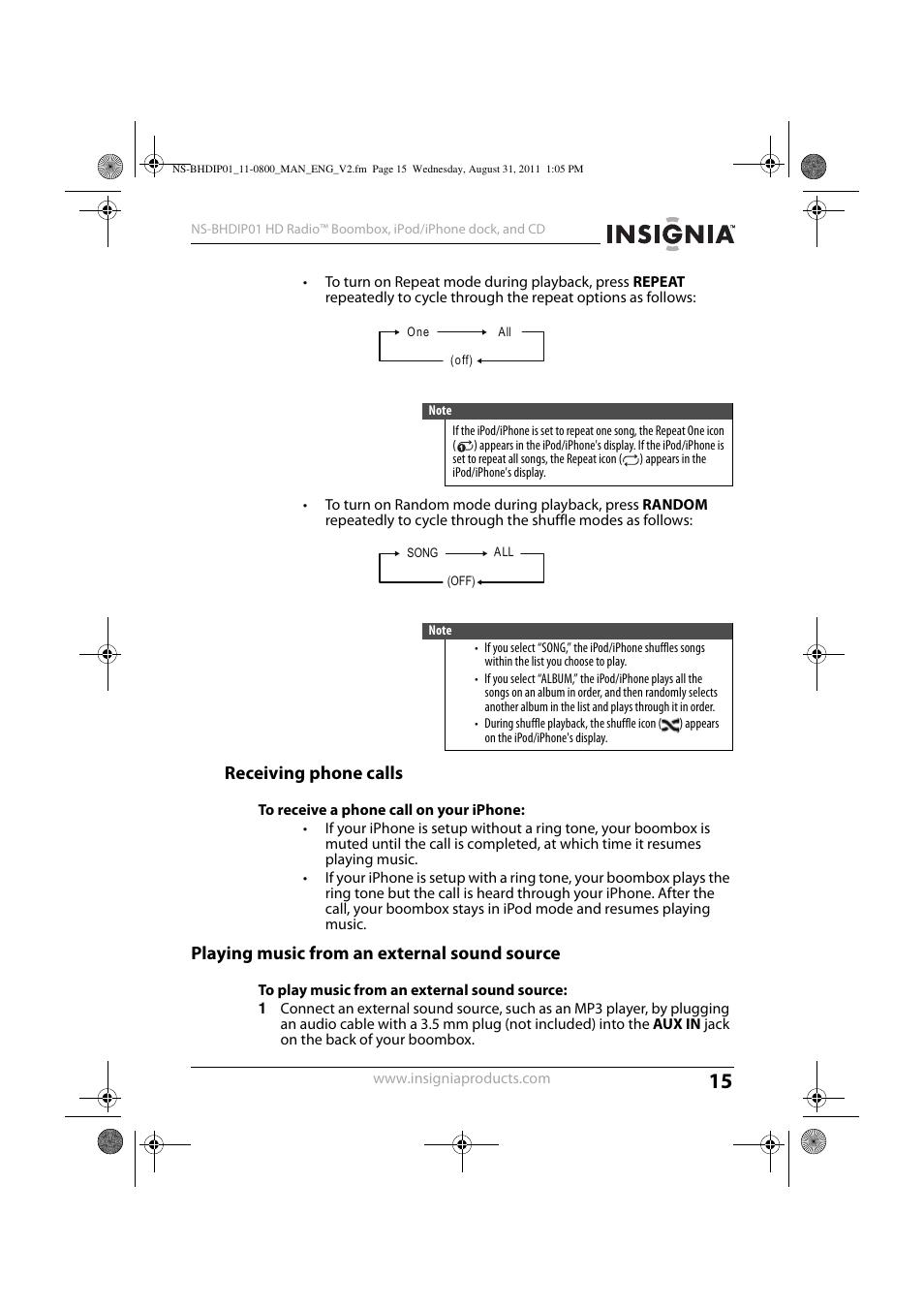 Receiving phone calls, To receive a phone call on your iphone, Playing music from an external sound source | To play music from an external sound source | Insignia NS-BHDIP01 User Manual | Page 14 / 20