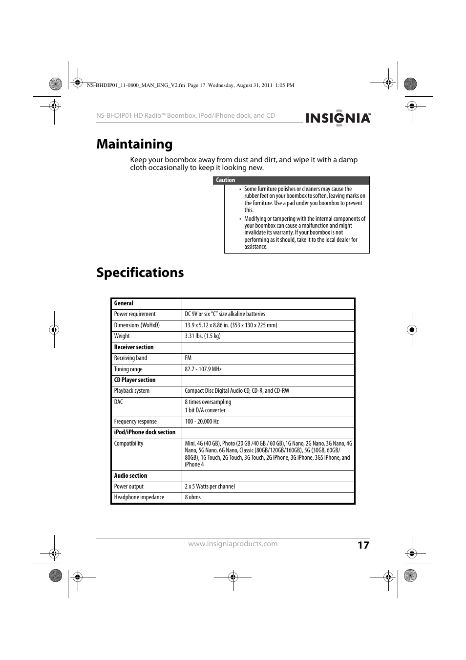 Maintaining, Specifications | Insignia NS-BHDIP01 User Manual | Page 16 / 20