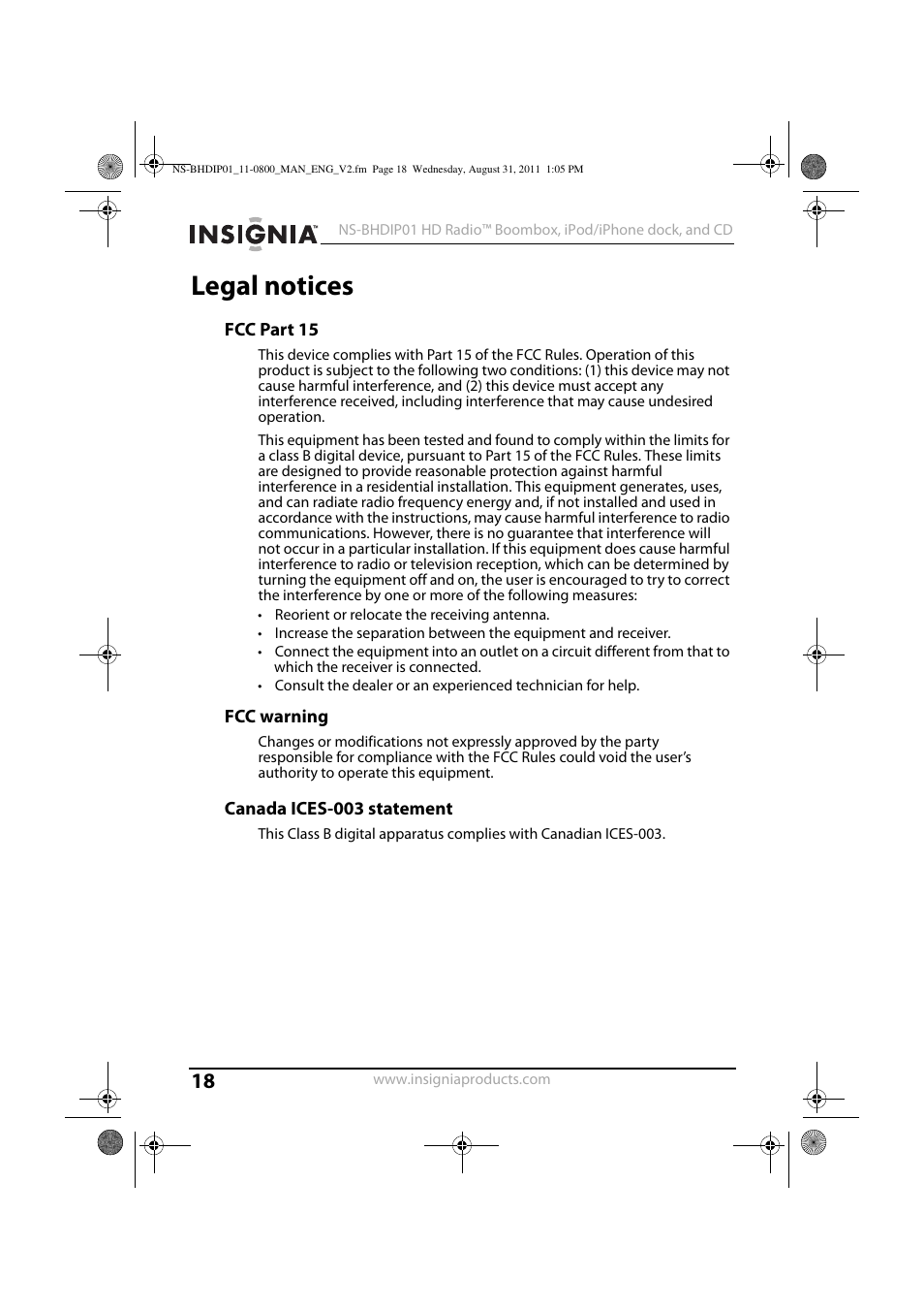 Legal notices, Fcc part 15, Fcc warning | Canada ices-003 statement | Insignia NS-BHDIP01 User Manual | Page 17 / 20