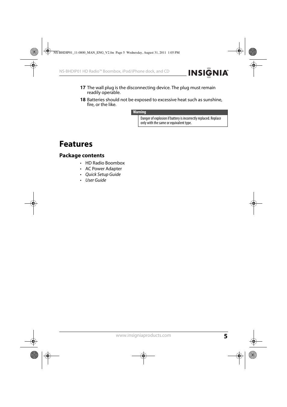 Features, Package contents | Insignia NS-BHDIP01 User Manual | Page 4 / 20