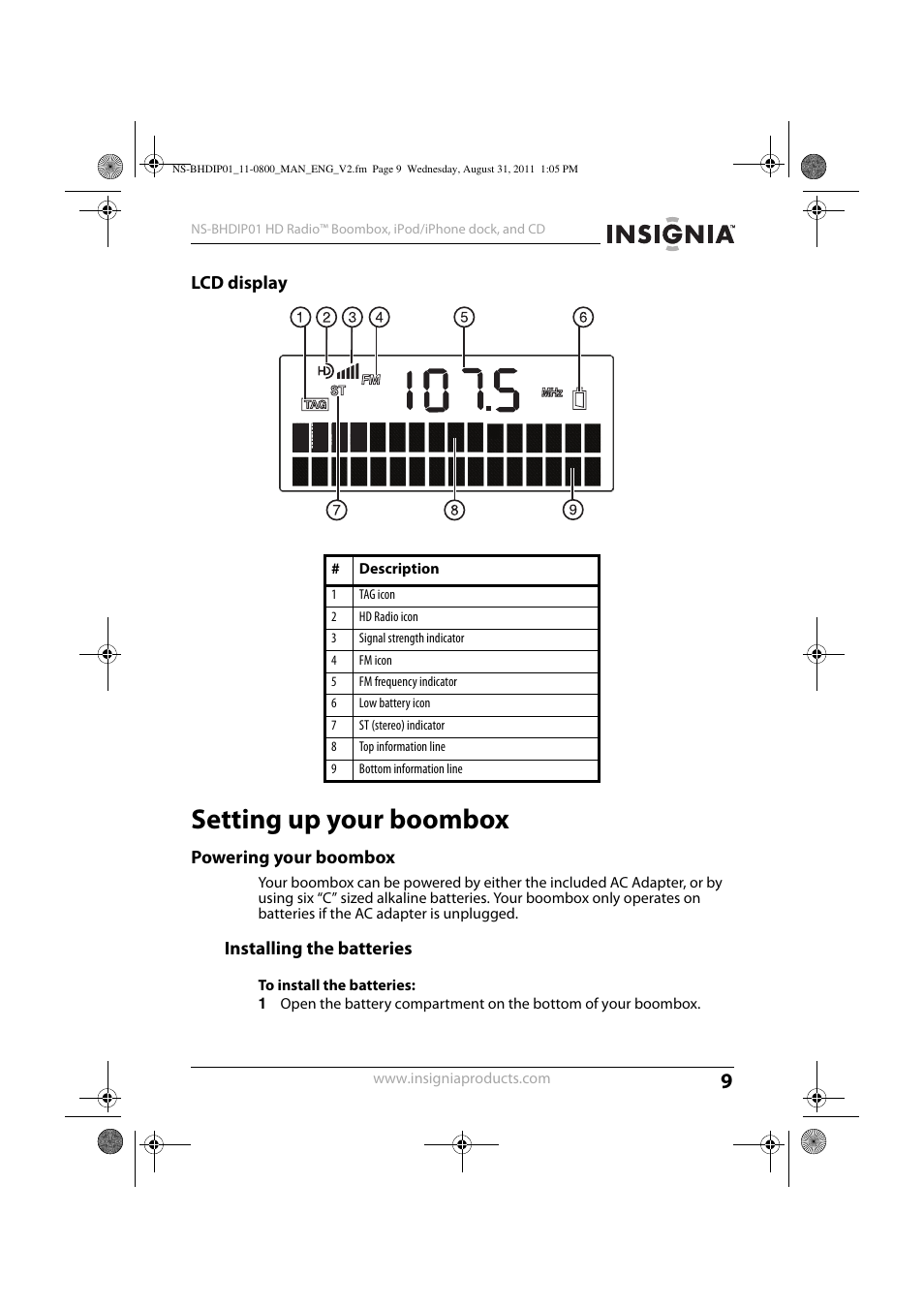 Lcd display, Setting up your boombox, Powering your boombox | Installing the batteries, To install the batteries | Insignia NS-BHDIP01 User Manual | Page 8 / 20