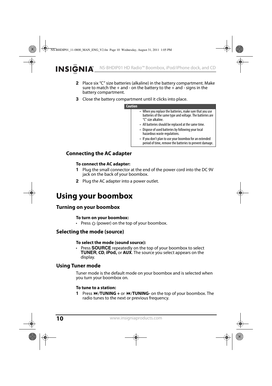 Connecting the ac adapter, To connect the ac adapter, Using your boombox | Turning on your boombox, To turn on your boombox, Selecting the mode (source), To select the mode (sound source), Using tuner mode, To tune to a station | Insignia NS-BHDIP01 User Manual | Page 9 / 20