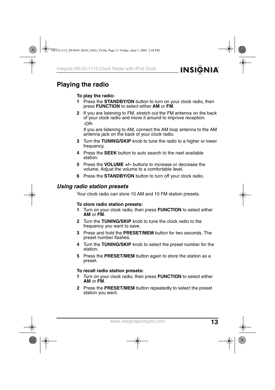 Playing the radio, Using radio station presets | Insignia NS-CL1112 User Manual | Page 13 / 21