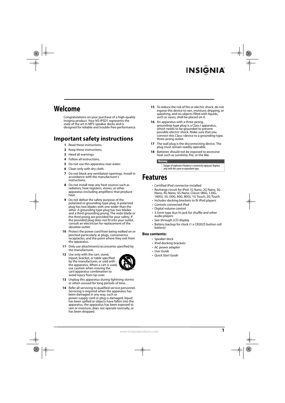 Insignia ns-ipsd1 mp3 speaker dock, Welcome, Important safety instructions | Features, Box contents, Insignia ns-ipsd1 mp3 speaker dock welcome | Insignia NS-IPSD1 User Manual | Page 3 / 8