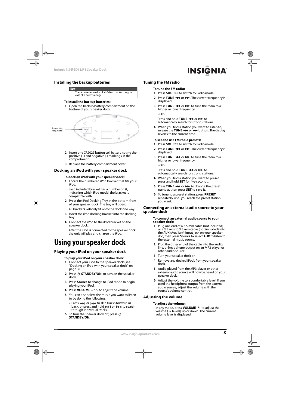 Installing the backup batteries, Docking an ipod with your speaker dock, Using your speaker dock | Playing your ipod on your speaker dock, Tuning the fm radio, Adjusting the volume | Insignia NS-IPSD1 User Manual | Page 5 / 8