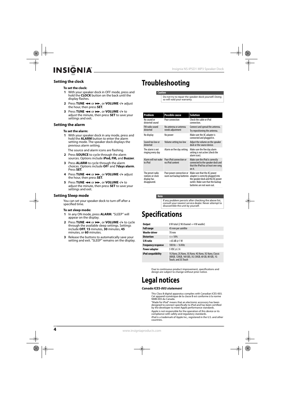 Setting the clock, Setting the alarm, Setting sleep mode | Troubleshooting, Specifications, Legal notices, Canada ices-003 statement, Troubleshooting specifications | Insignia NS-IPSD1 User Manual | Page 6 / 8