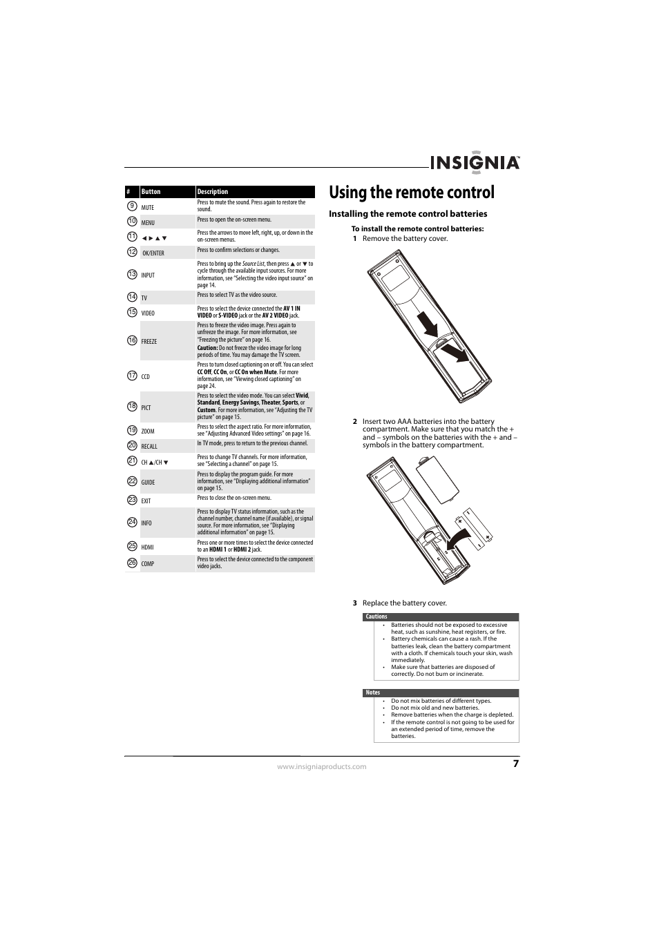 Using the remote control, Installing the remote control batteries | Insignia NS-L26Q-10A User Manual | Page 11 / 40