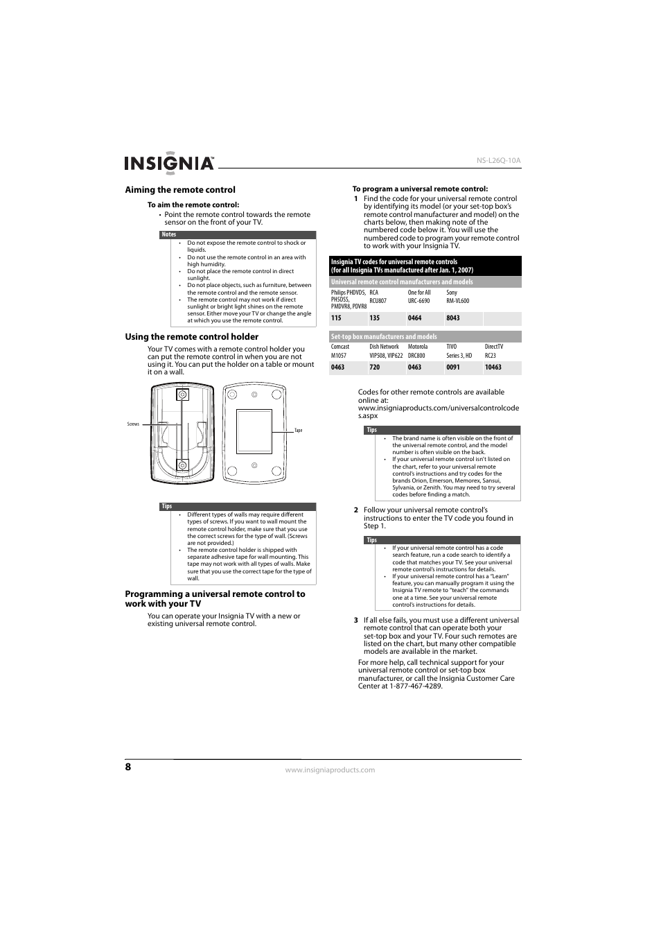 Aiming the remote control, Using the remote control holder | Insignia NS-L26Q-10A User Manual | Page 12 / 40