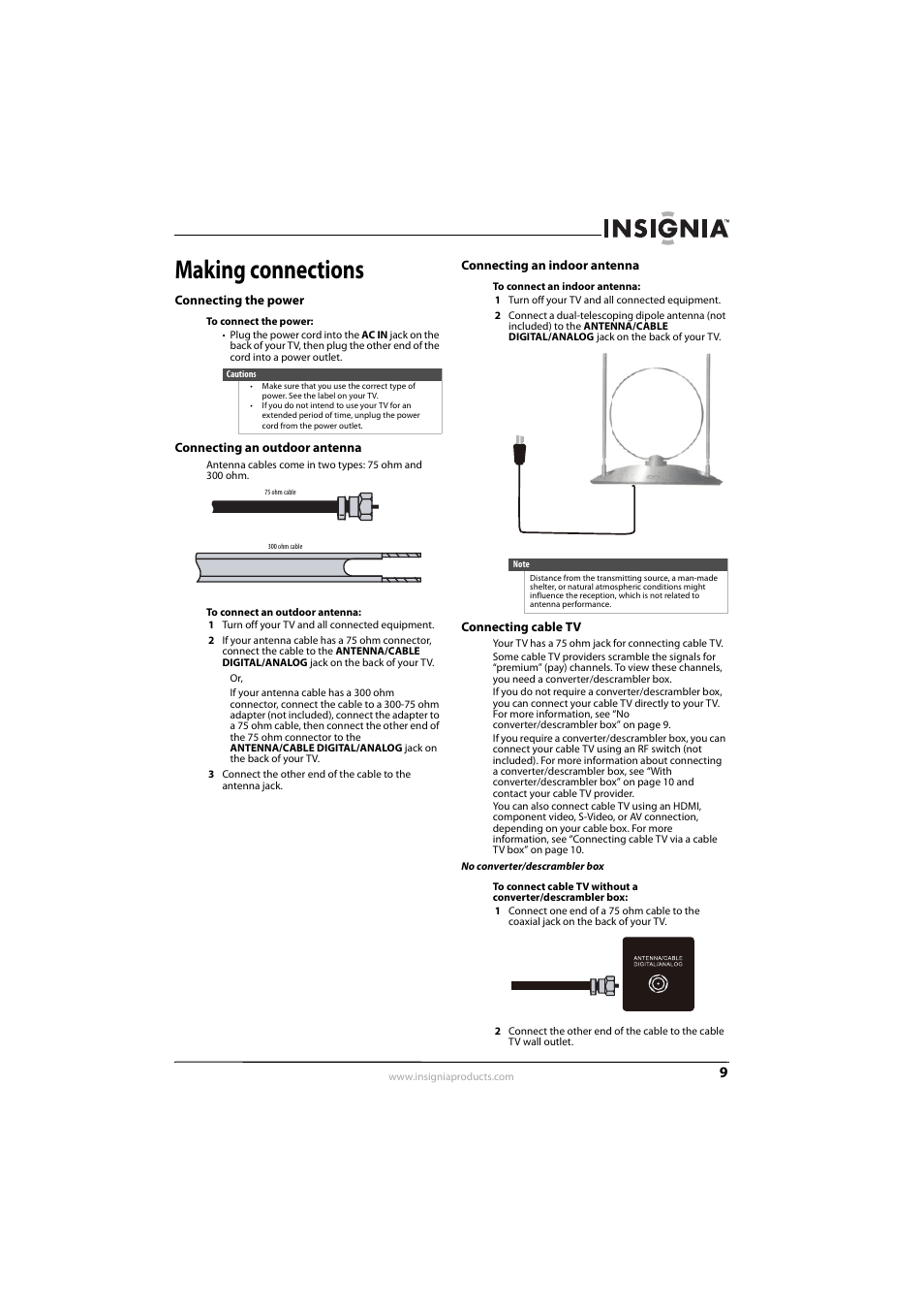Making connections, Connecting the power, Connecting an outdoor antenna | Connecting an indoor antenna, Connecting cable tv, Ee “connecting an outdoor antenna | Insignia NS-L26Q-10A User Manual | Page 13 / 40