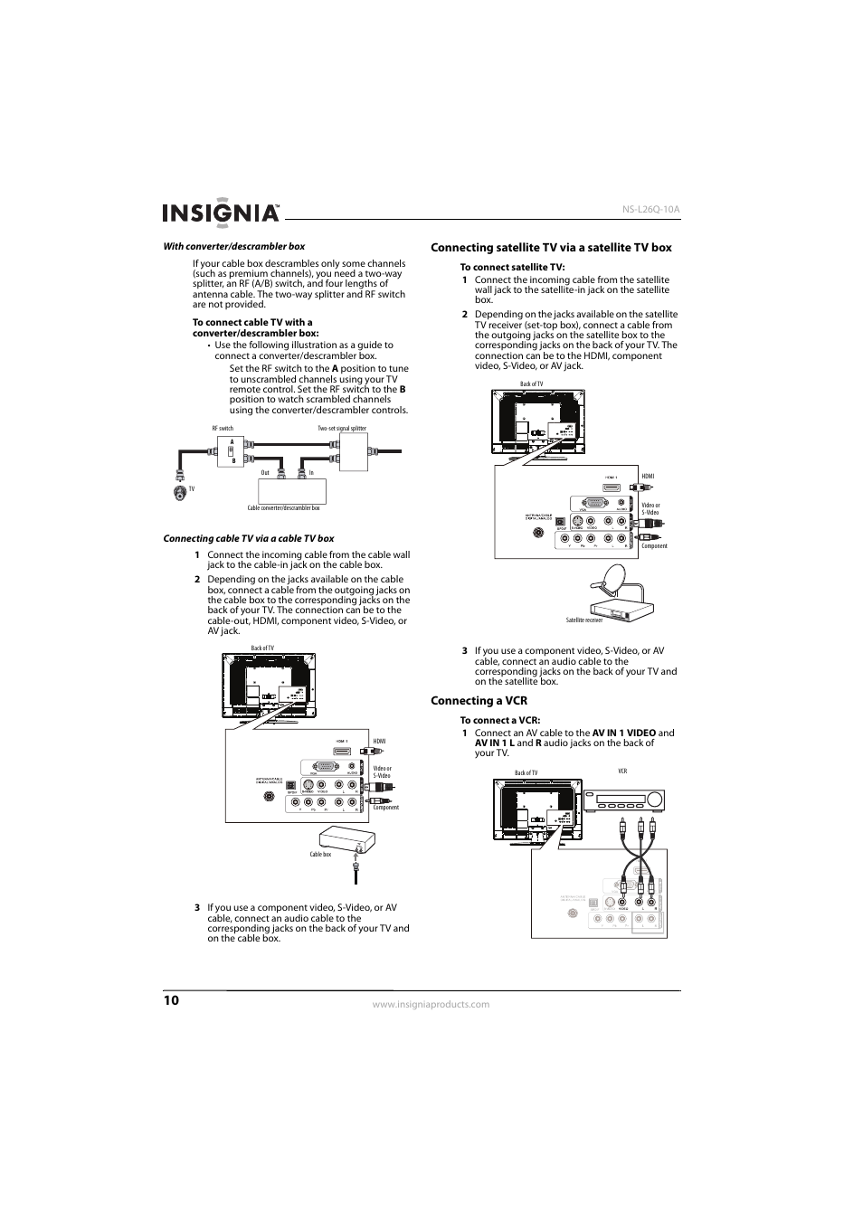 Connecting satellite tv via a satellite tv box, Connecting a vcr, Ee “connecting a vcr | With converter/descrambler box, Ge 10 a, Connecting cable tv via a cable tv box | Insignia NS-L26Q-10A User Manual | Page 14 / 40