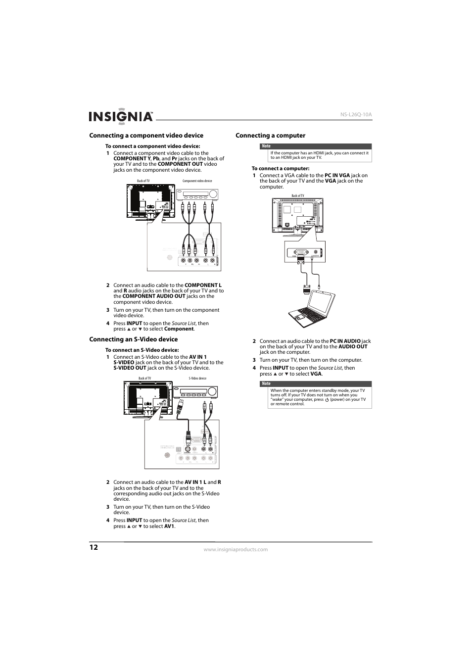 Connecting a component video device, Connecting an s-video device, Connecting a computer | Connecting a computer” o, Ee “connecting an s-video device, Ee “connecting a component video device, See “connecting a computer” on, Ee “connecting an s-video device” o, 12 o | Insignia NS-L26Q-10A User Manual | Page 16 / 40