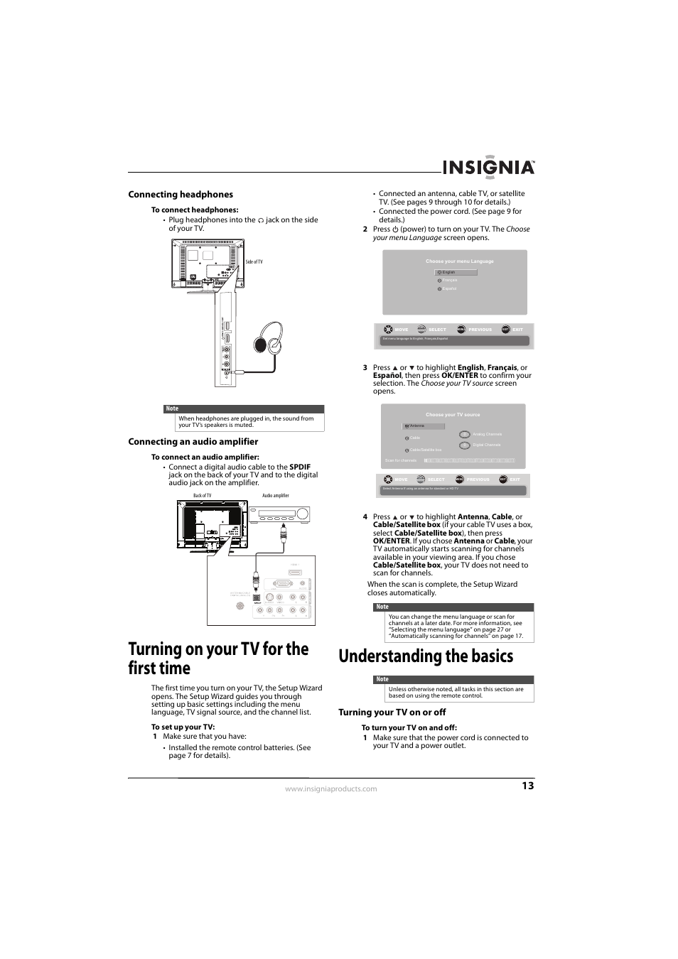 Connecting headphones, Connecting an audio amplifier, Turning on your tv for the first time | Understanding the basics, Turning your tv on or off, Ee “connecting headphones” o | Insignia NS-L26Q-10A User Manual | Page 17 / 40