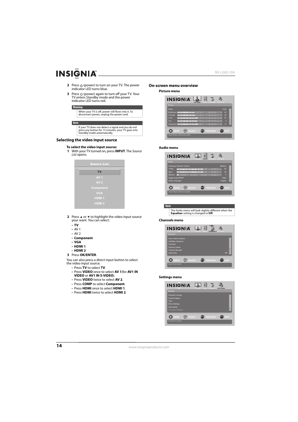 Selecting the video input source, On-screen menu overview, Selecting the video input source” o | Warning | Insignia NS-L26Q-10A User Manual | Page 18 / 40