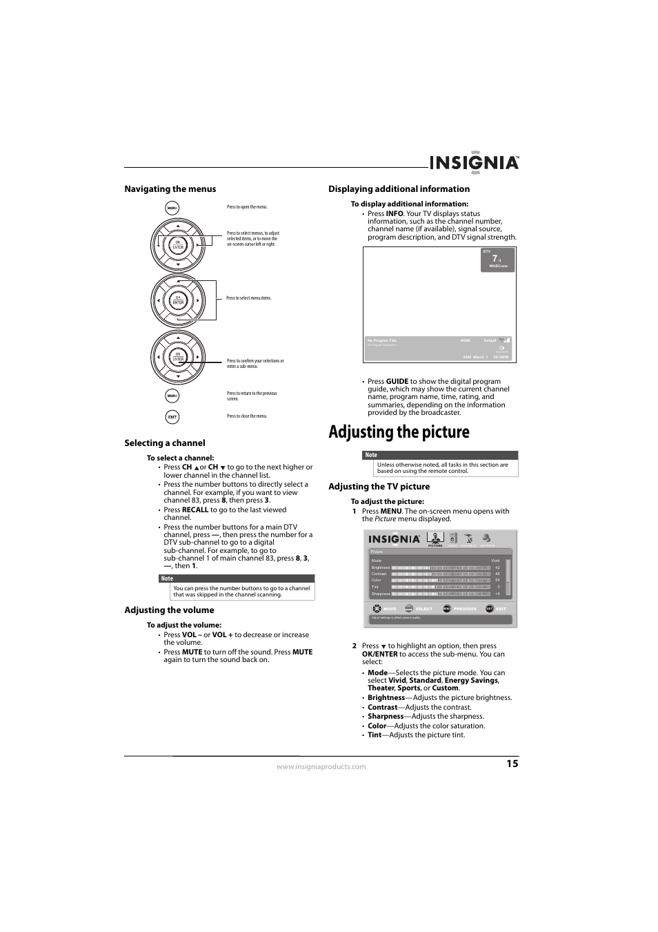 Navigating the menus, Selecting a channel, Adjusting the volume | Displaying additional information, Adjusting the picture, Adjusting the tv picture, Ee “selecting a channel” o, Ee “adjusting the tv picture, Ge 15, Navigating the menus selecting a channel | Insignia NS-L26Q-10A User Manual | Page 19 / 40