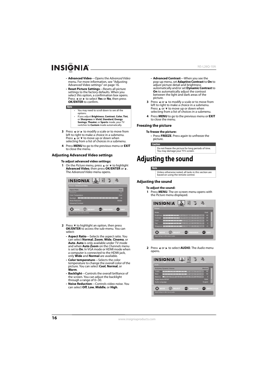 Adjusting advanced video settings, Freezing the picture, Adjusting the sound | Adjusting the sound” o, Ge 16, See “adjusting the sound” o, Adjusting advanced video settings” on | Insignia NS-L26Q-10A User Manual | Page 20 / 40