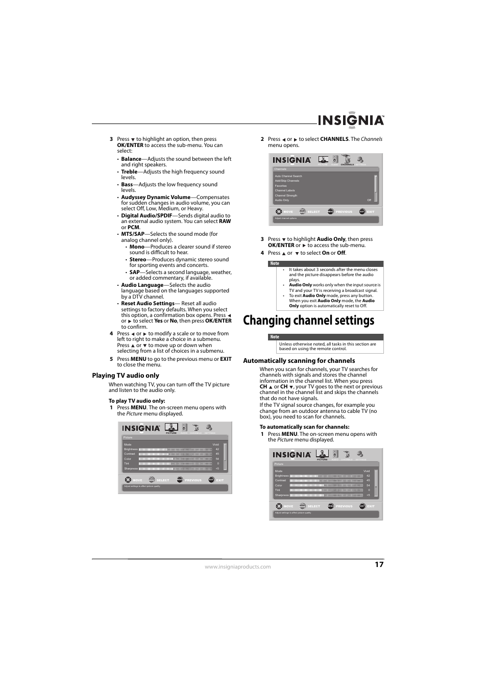 Playing tv audio only, Changing channel settings, Automatically scanning for channels | Insignia NS-L26Q-10A User Manual | Page 21 / 40