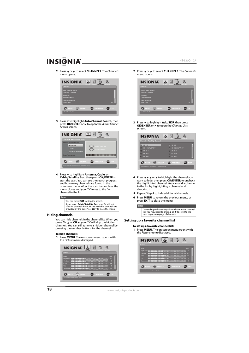 Hiding channels, Setting up a favorite channel list, Hiding channels setting up a favorite channel list | Ee “setting up a favorite channel list | Insignia NS-L26Q-10A User Manual | Page 22 / 40