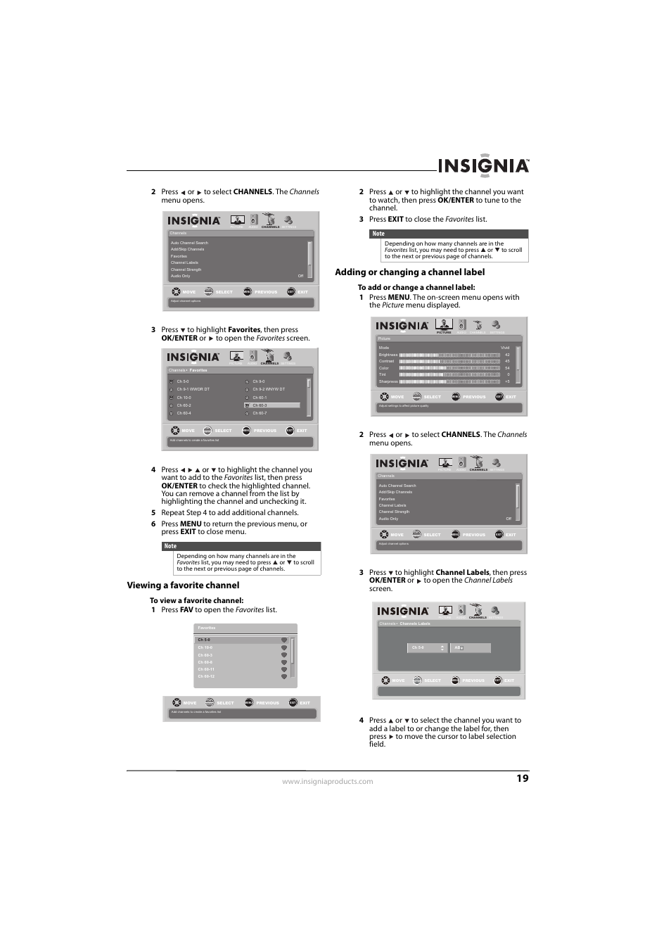 Viewing a favorite channel, Adding or changing a channel label | Insignia NS-L26Q-10A User Manual | Page 23 / 40