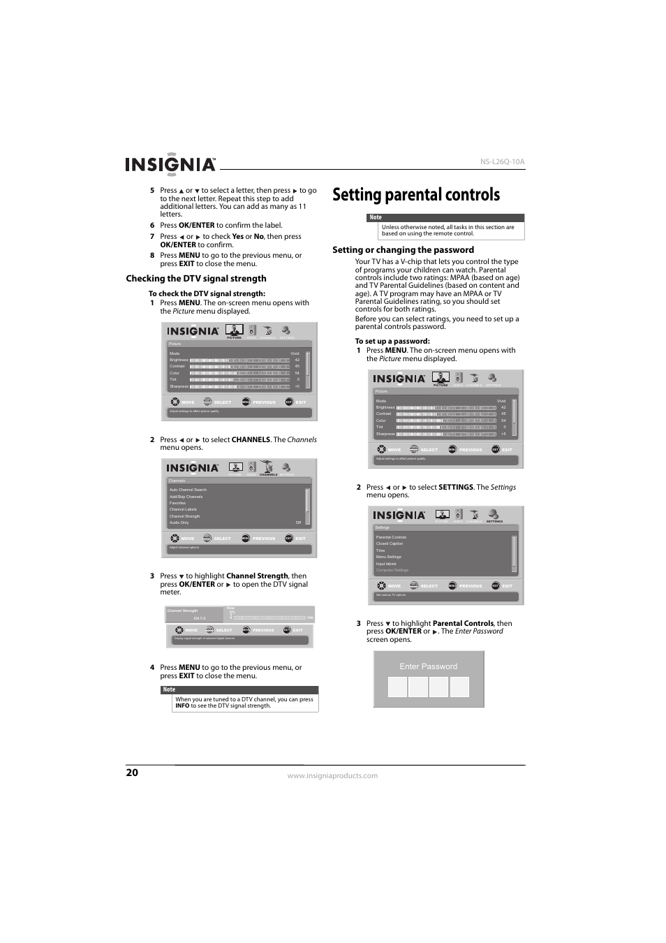 Checking the dtv signal strength, Setting parental controls, Setting or changing the password | Enter password | Insignia NS-L26Q-10A User Manual | Page 24 / 40