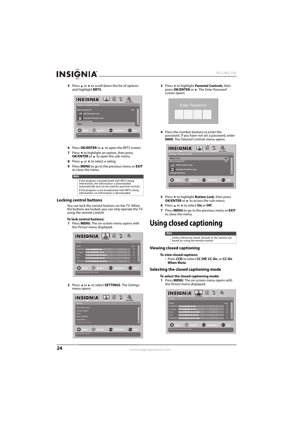 Locking control buttons, Using closed captioning, Viewing closed captioning | Selecting the closed captioning mode, Ee “viewing closed captioning, Enter password | Insignia NS-L26Q-10A User Manual | Page 28 / 40