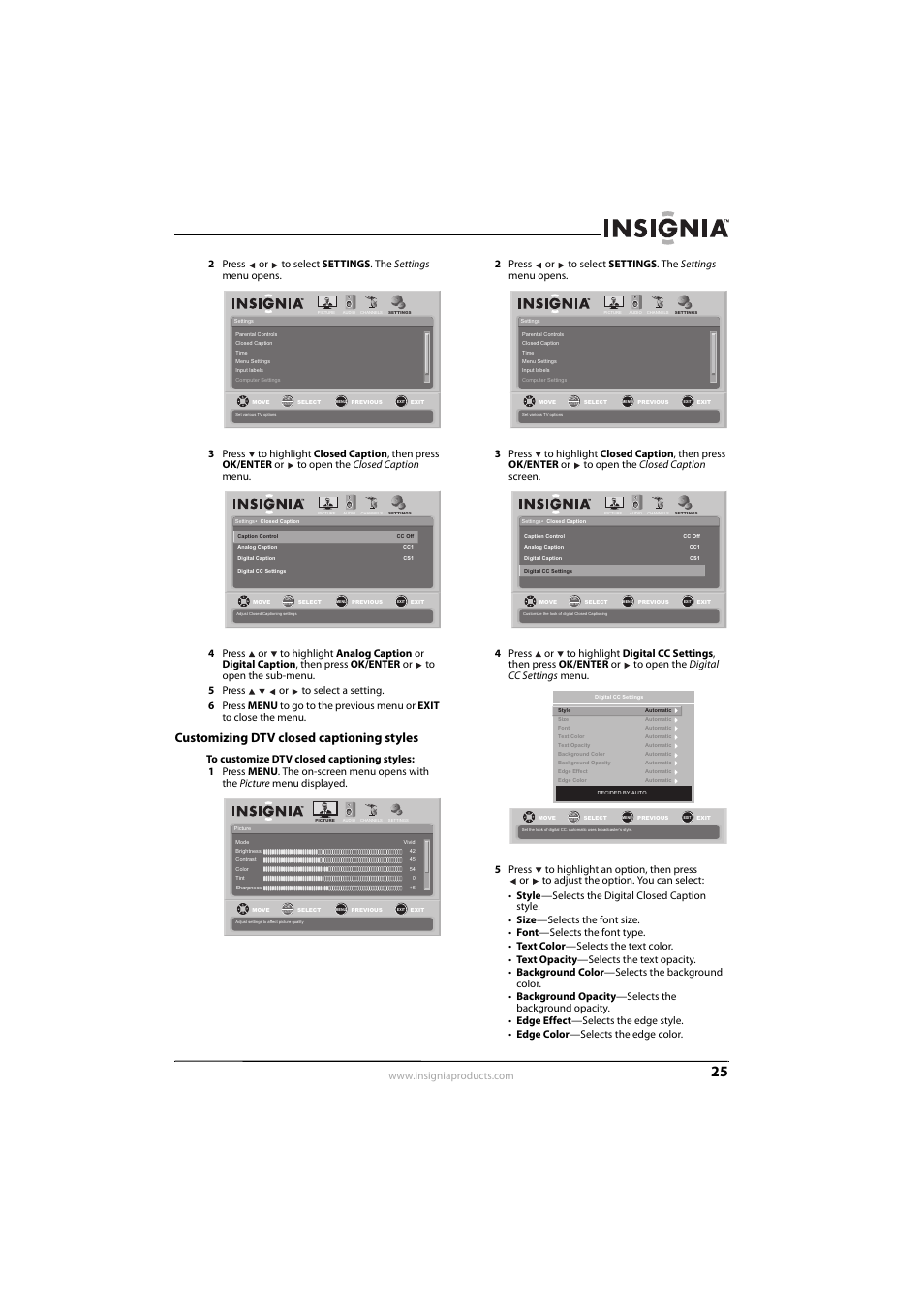 Customizing dtv closed captioning styles | Insignia NS-L26Q-10A User Manual | Page 29 / 40