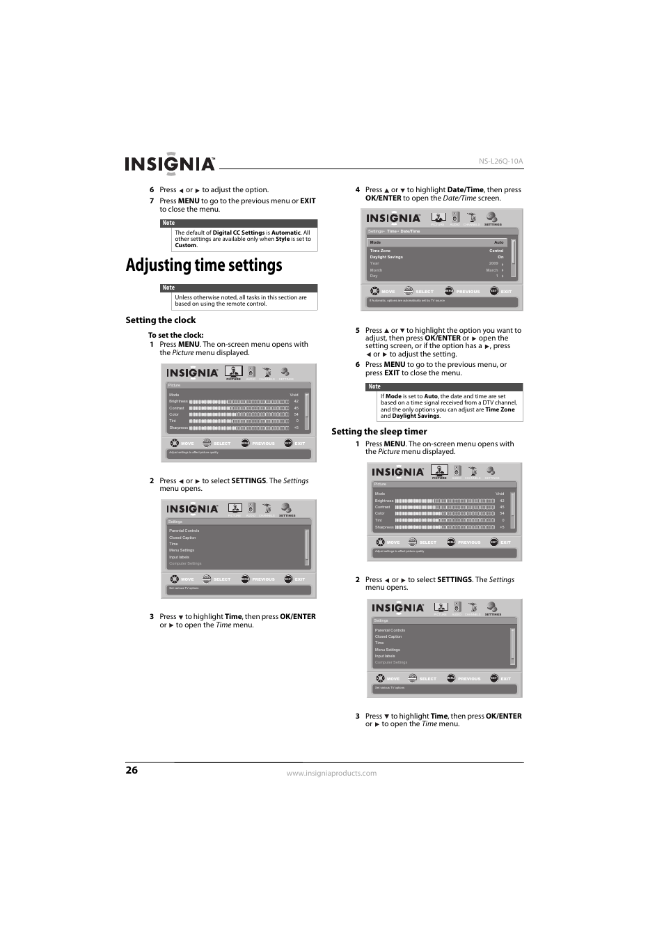 Adjusting time settings, Setting the clock, Setting the sleep timer | Setting the clock setting the sleep timer, Ee “setting the sleep timer” o | Insignia NS-L26Q-10A User Manual | Page 30 / 40