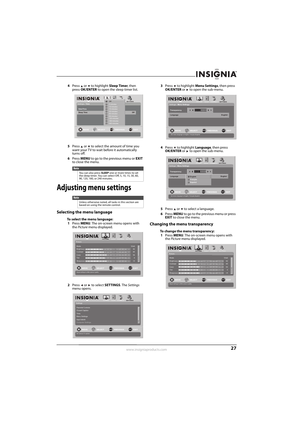 Adjusting menu settings, Selecting the menu language, Changing the menu transparency | Selecting the menu language” o, 27 o | Insignia NS-L26Q-10A User Manual | Page 31 / 40