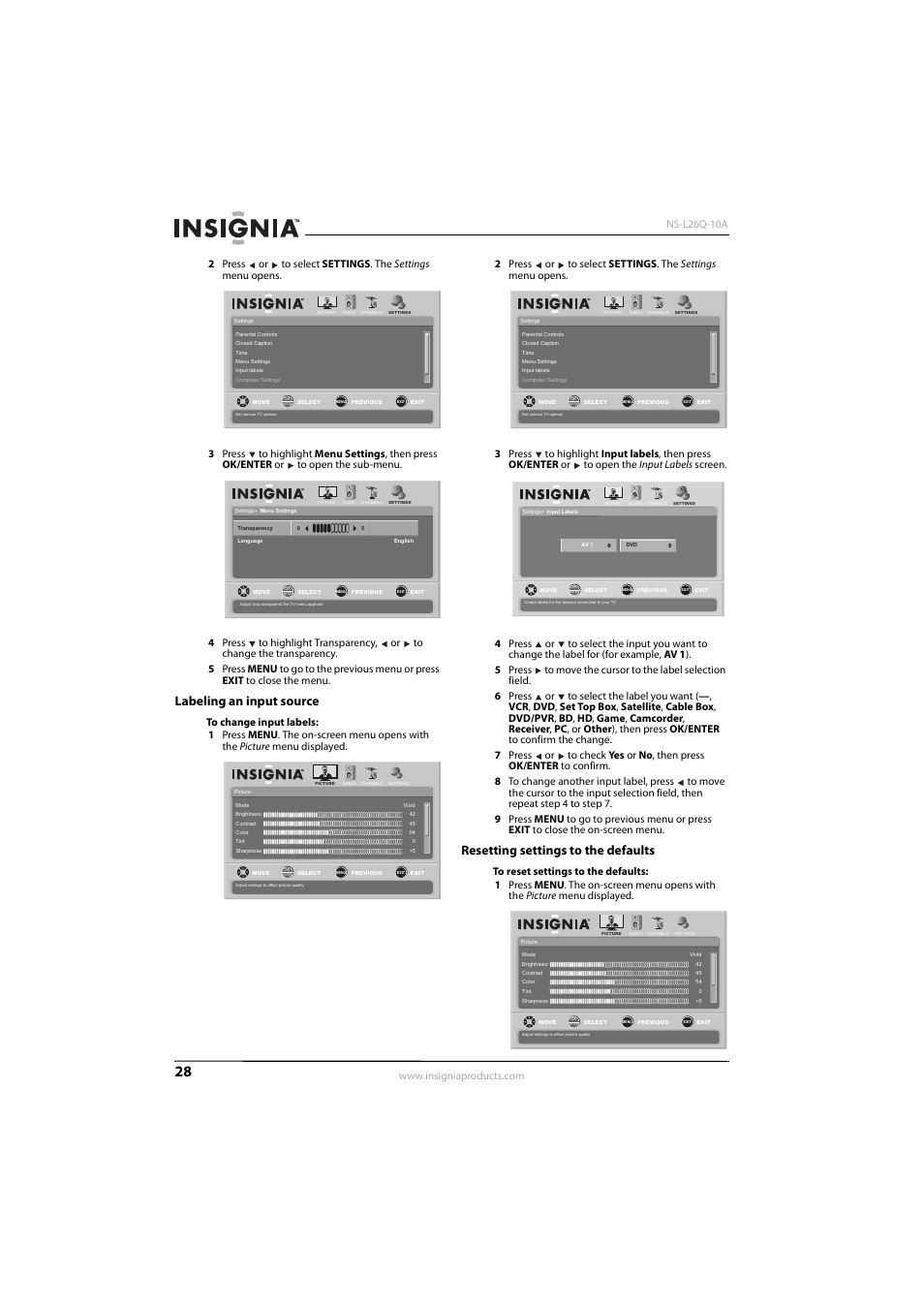 Labeling an input source, Resetting settings to the defaults | Insignia NS-L26Q-10A User Manual | Page 32 / 40