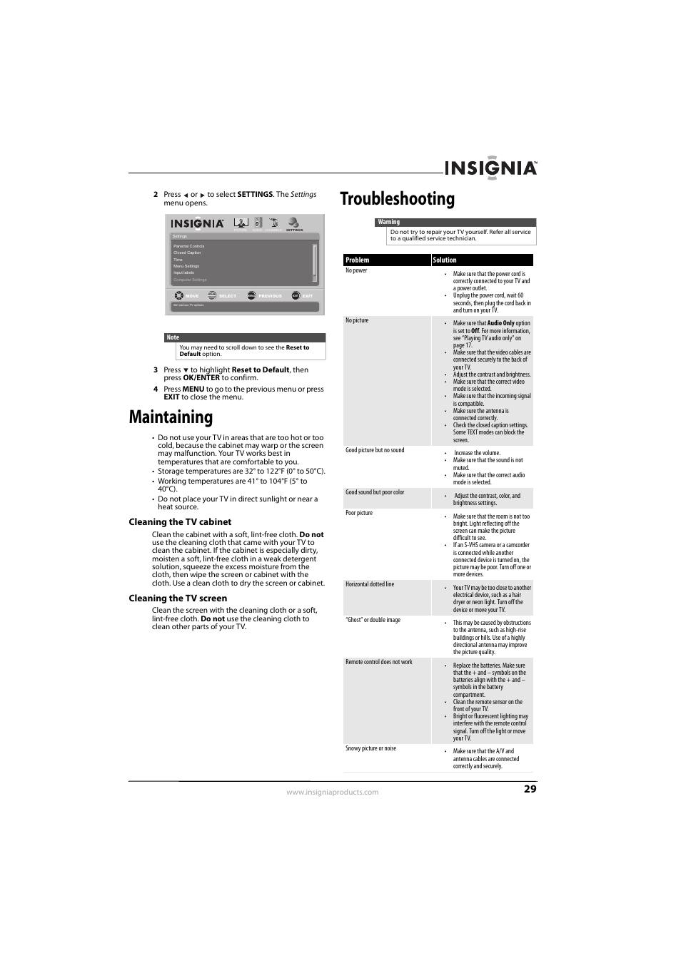 Maintaining, Cleaning the tv cabinet, Cleaning the tv screen | Troubleshooting, Cleaning the tv cabinet cleaning the tv screen | Insignia NS-L26Q-10A User Manual | Page 33 / 40