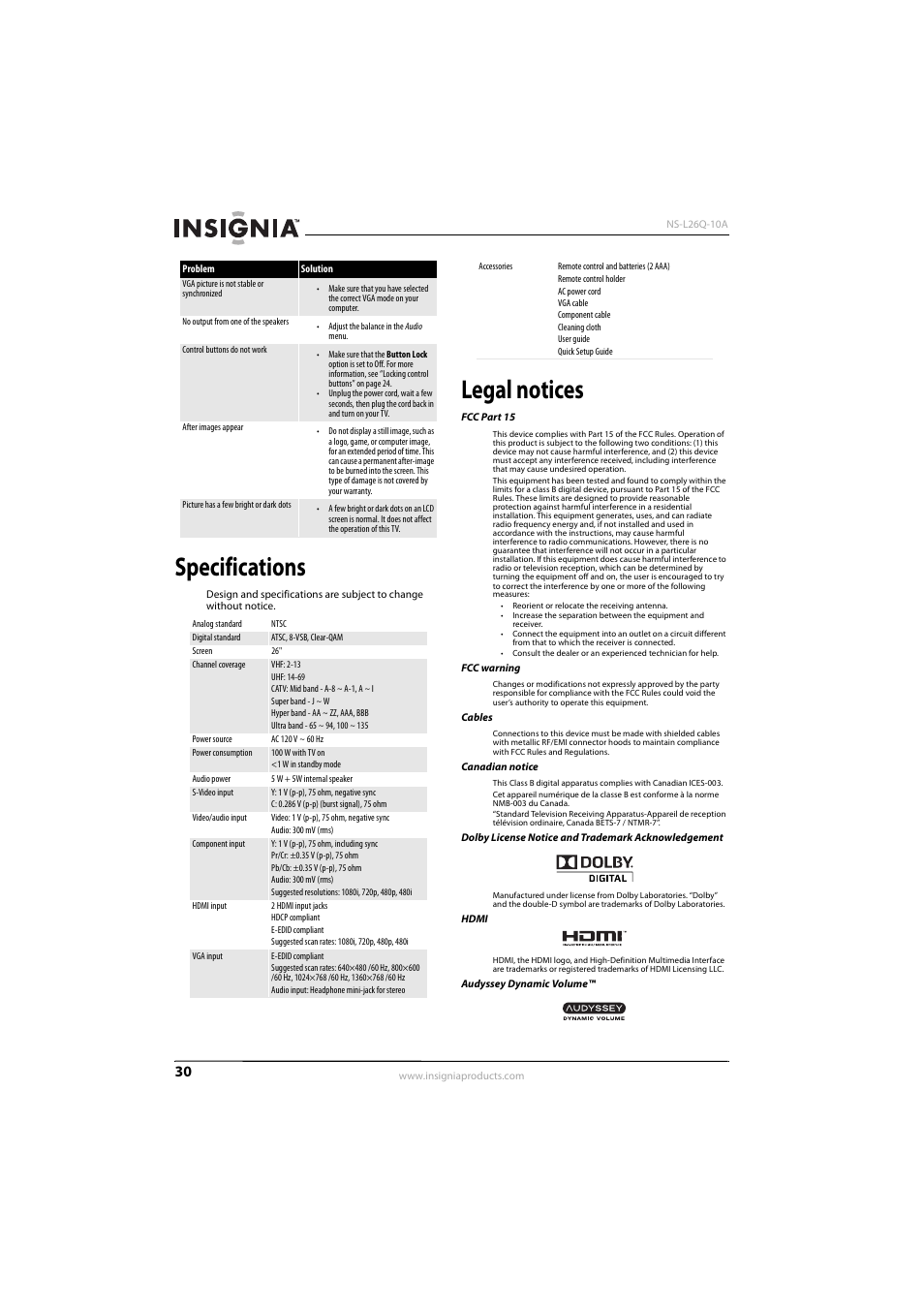 Specifications, Legal notices | Insignia NS-L26Q-10A User Manual | Page 34 / 40