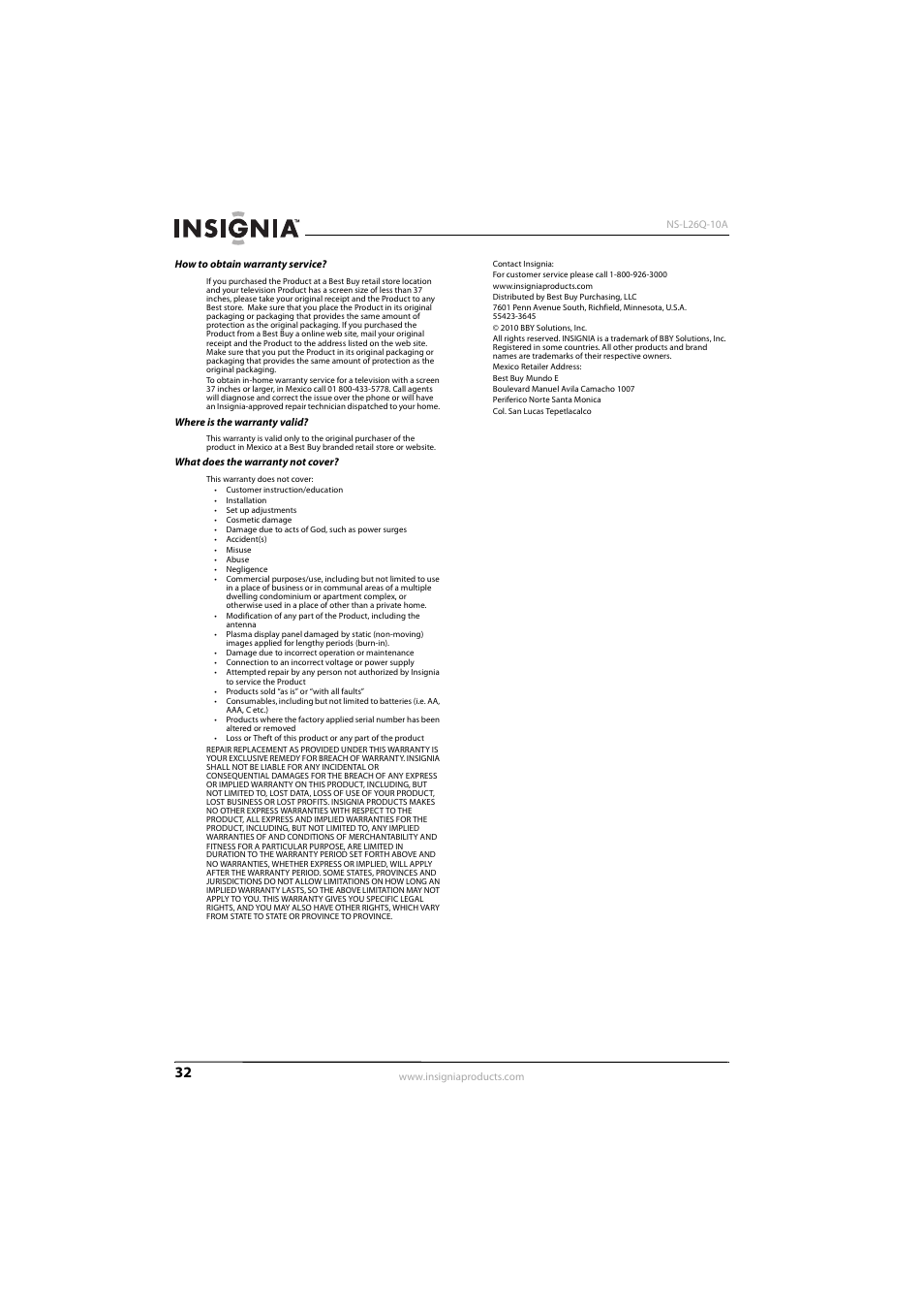 Insignia NS-L26Q-10A User Manual | Page 36 / 40