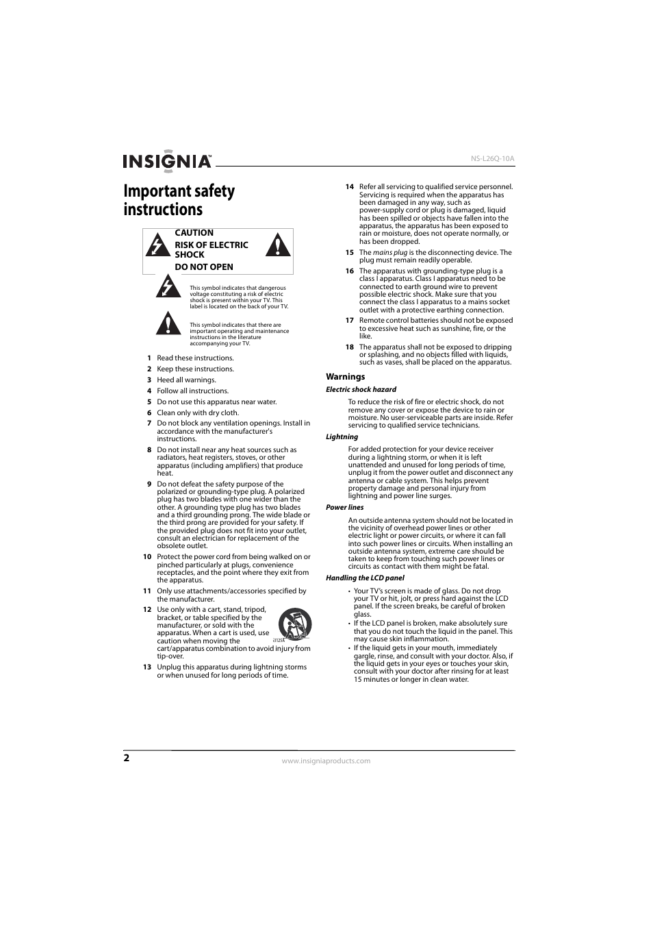 Important safety instructions, Warnings | Insignia NS-L26Q-10A User Manual | Page 6 / 40