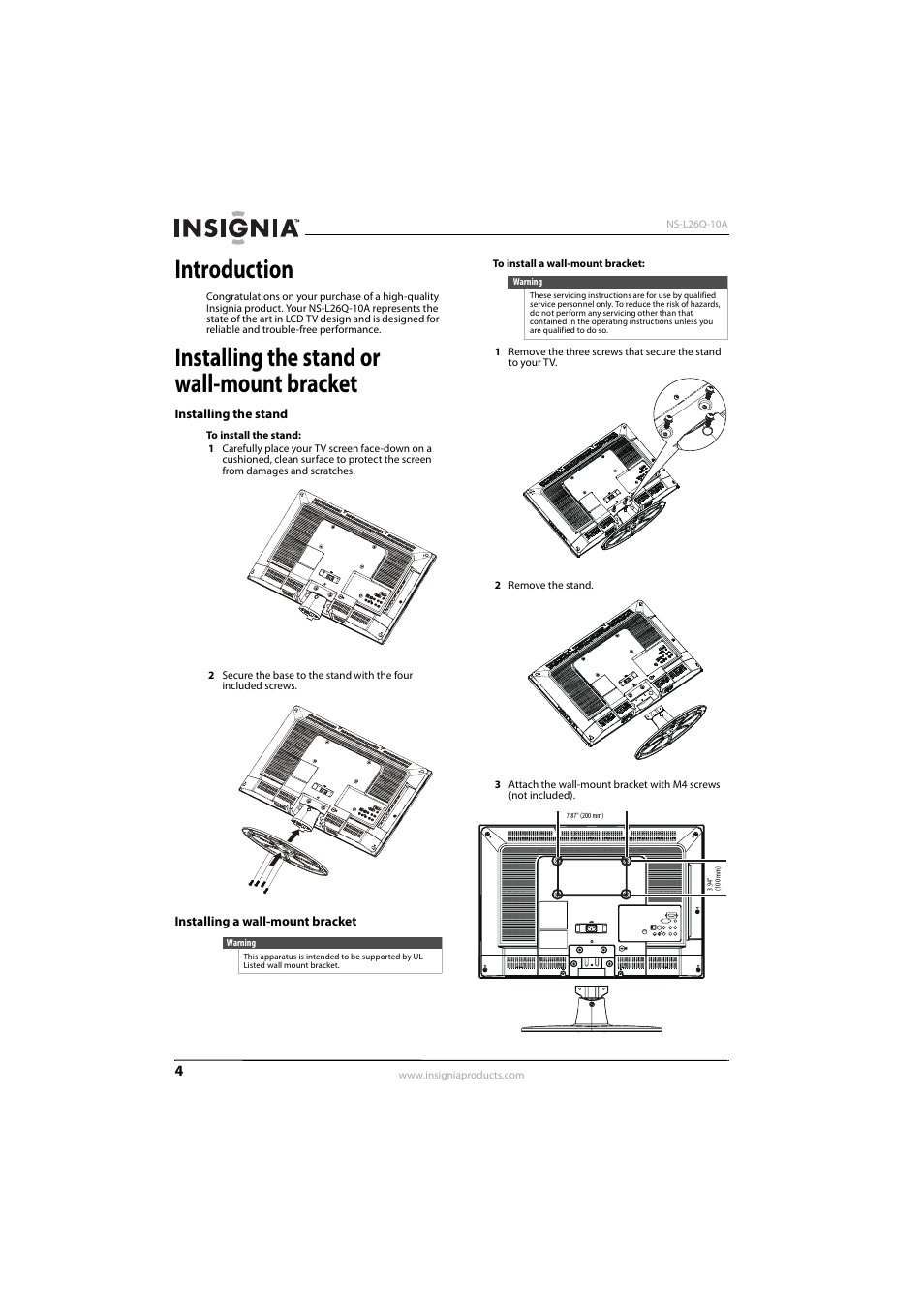 Introduction, Installing the stand or wall-mount bracket, Installing the stand | Installing a wall-mount bracket | Insignia NS-L26Q-10A User Manual | Page 8 / 40