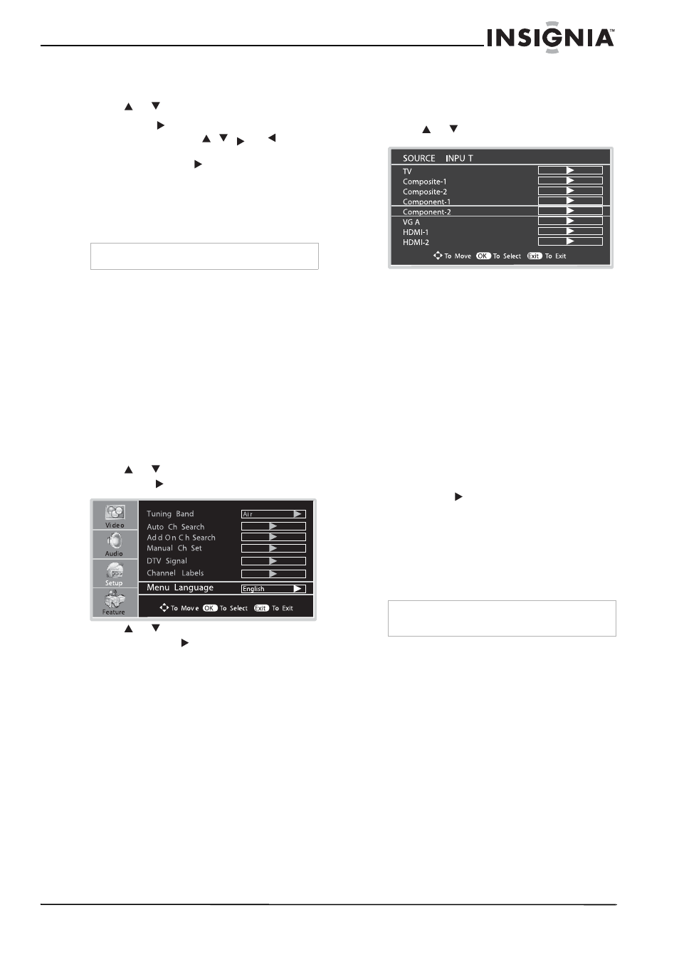Displaying the information banner, Selecting the on-screen menu language, Selecting the input signal source | Memorizing the channels, Selecting the tuning band | Insignia NS-LCD26A User Manual | Page 13 / 100