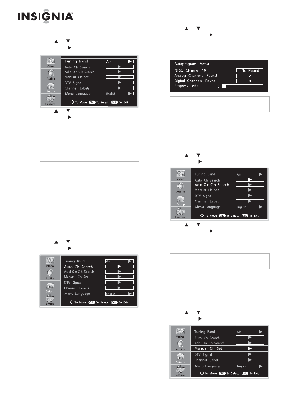 Searching for channels, Automatically adding channels, Manually adding or deleting channels | Insignia NS-LCD26A User Manual | Page 14 / 100