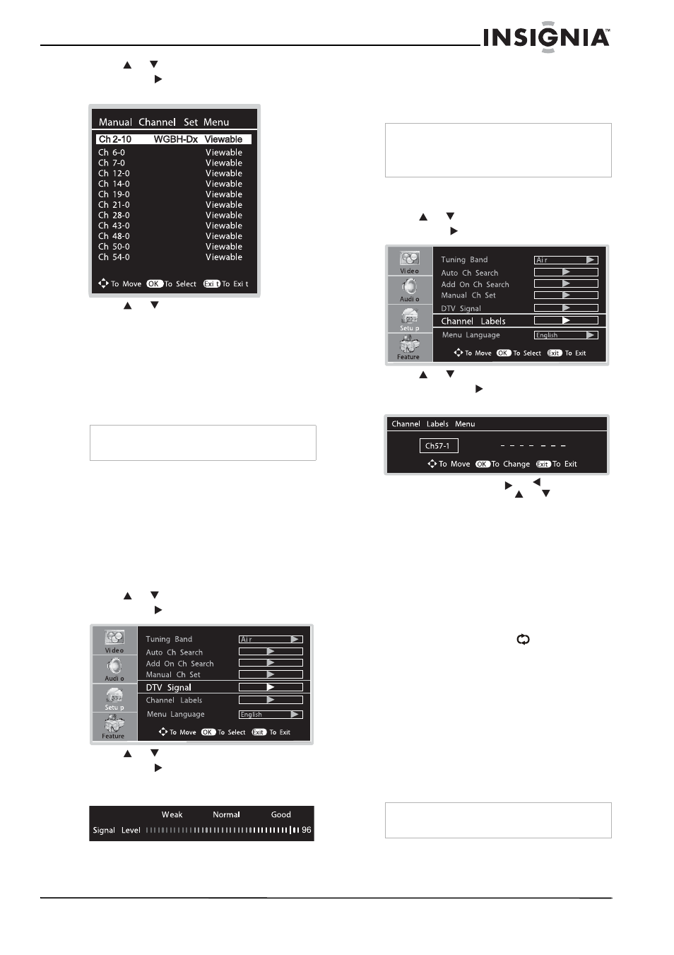 Monitoring dtv signal strength, Labeling channels, Selecting channels | Using the number pad | Insignia NS-LCD26A User Manual | Page 15 / 100