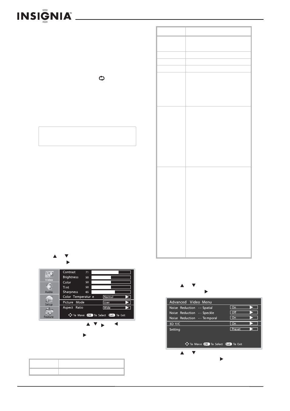 Using the ch+ and ch- buttons, Using the previous channel button, Information about usa channel numbering | Channel numbering example, Customizing the picture, Adjusting the video features | Insignia NS-LCD26A User Manual | Page 16 / 100