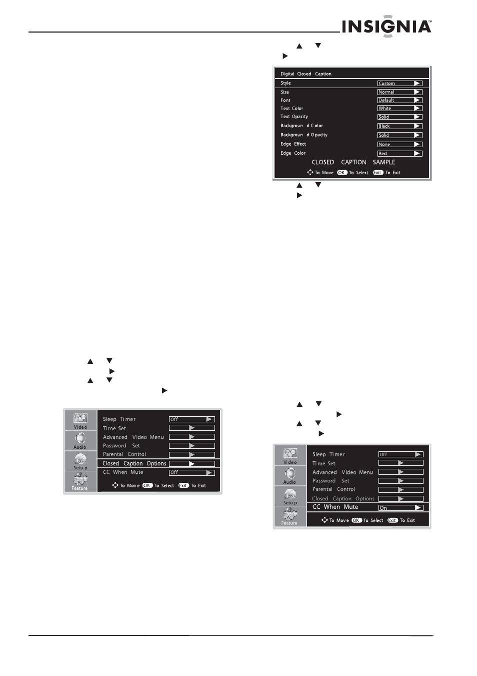 Analog broadcasting system captions, Digital broadcasting system captions, Viewing closed caption when the volume is muted | Insignia NS-LCD26A User Manual | Page 19 / 100