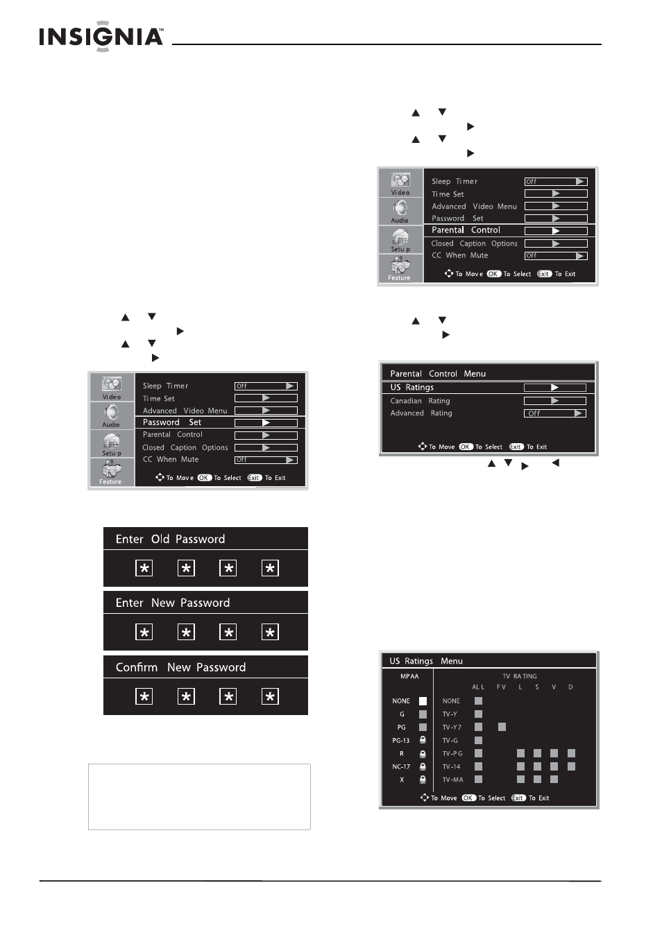 Using parental controls, Setting the password, Setting the mpaa rating | Insignia NS-LCD26A User Manual | Page 20 / 100