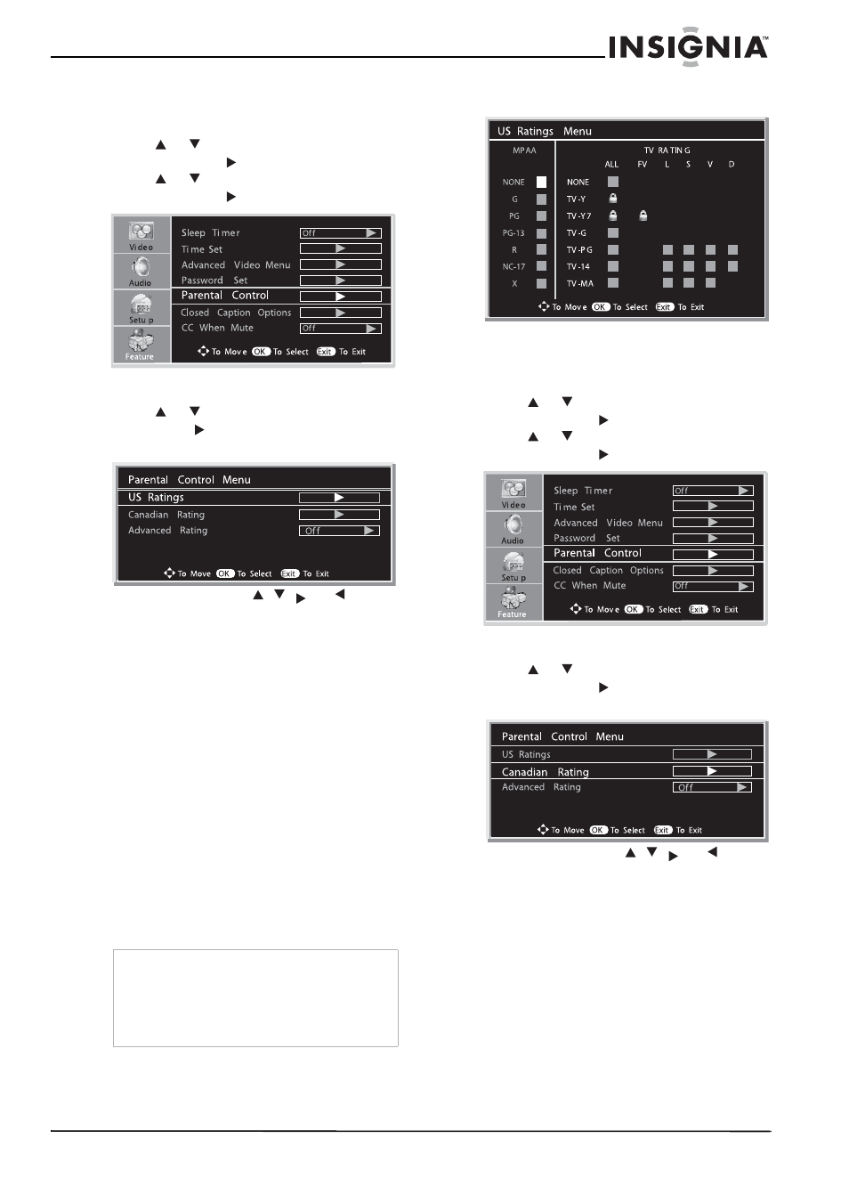 Setting the tv rating, Setting the canadian ratings | Insignia NS-LCD26A User Manual | Page 21 / 100