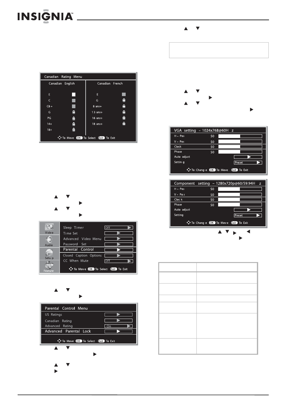Advance rating setup, Setting up for vga(pc) mode/component mode | Insignia NS-LCD26A User Manual | Page 22 / 100