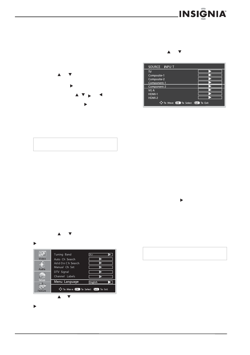 Consultation des menus et des écrans, Affichage de la bannière d'information, Choix de la langue des menus d'écran (osd) | Sélection de la source du signal d'entrée, Mémorisation des canaux, Sélection de la bande de syntonisation | Insignia NS-LCD26A User Manual | Page 45 / 100