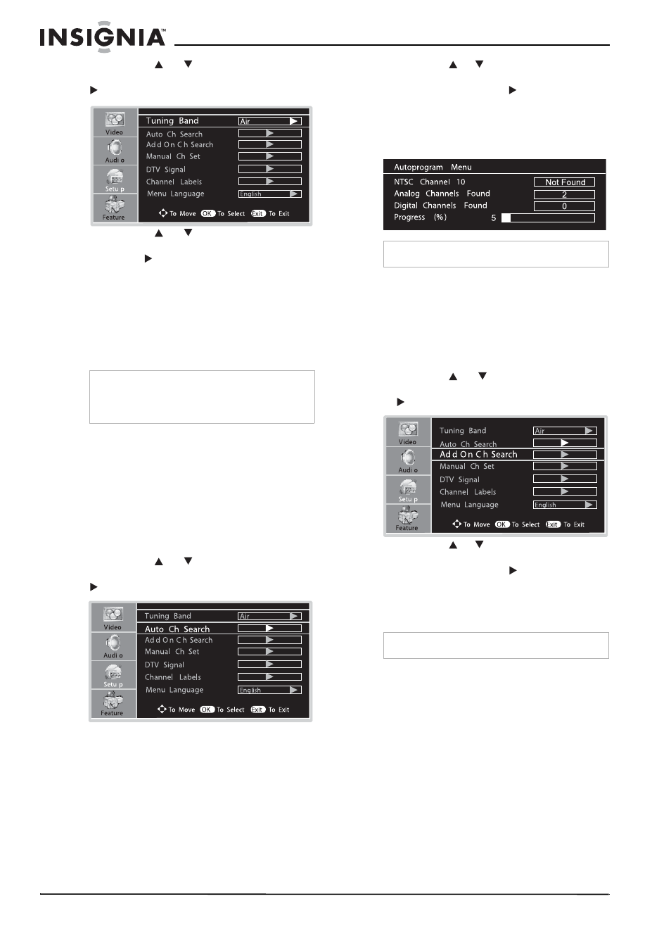 Recherche de canaux, Ajout automatique de canaux, Ajout ou suppression manuelle des canaux | Insignia NS-LCD26A User Manual | Page 46 / 100