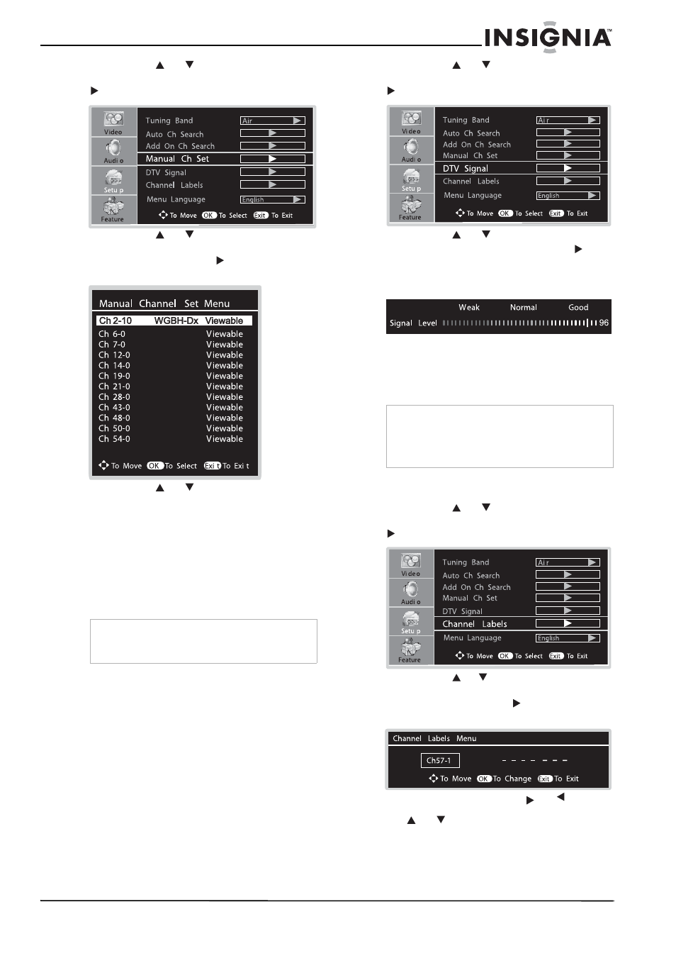 Vérification de la puissance du signal tvn, Étiquetage des canaux | Insignia NS-LCD26A User Manual | Page 47 / 100