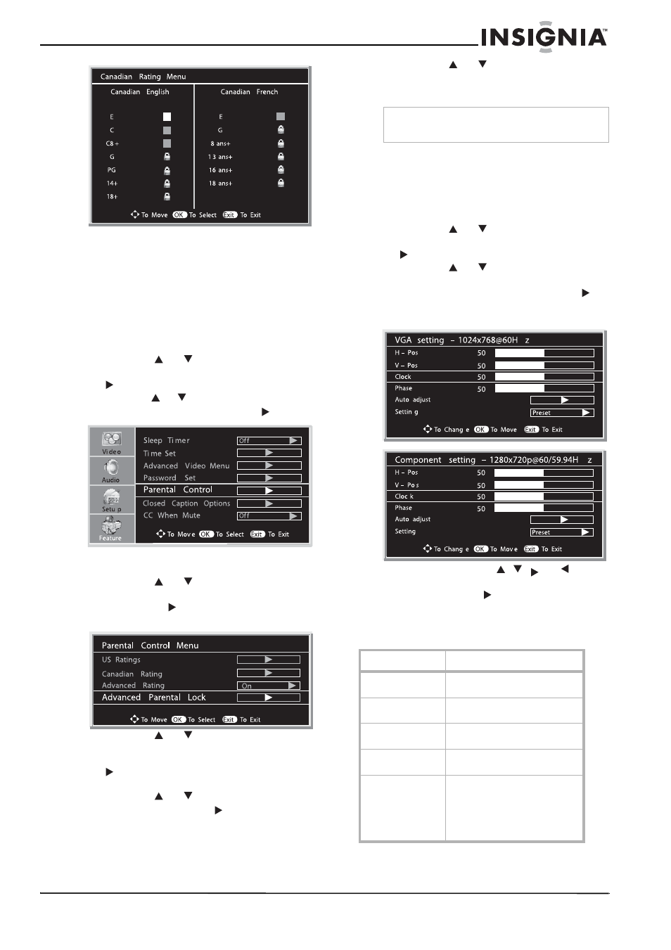 Configuration avancée de la classification, Paramétrage du mode vga (pc)/composantes | Insignia NS-LCD26A User Manual | Page 55 / 100