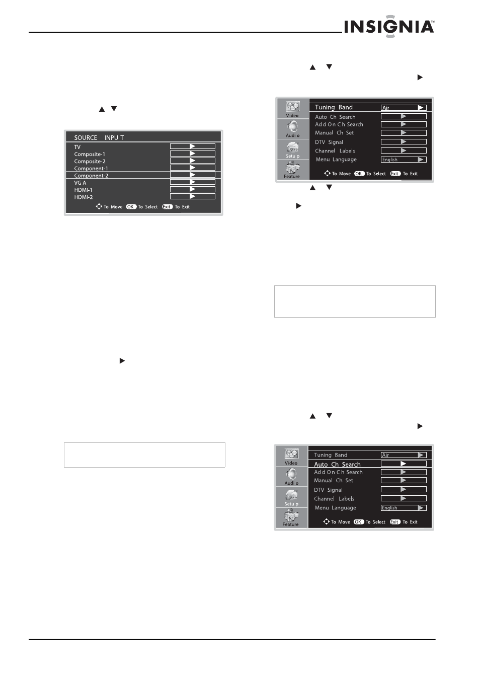 Selección de la fuente de la señal de entrada, Memorización de canales, Selección de la banda de sintonización | Búsqueda de canales | Insignia NS-LCD26A User Manual | Page 77 / 100
