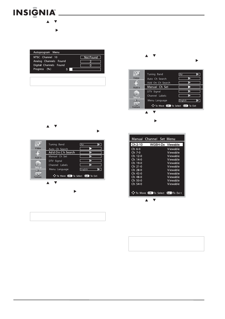 Agregando canales automáticamente, Agregando y eliminando canales manualmente, Monitoreo de la intensidad de la señal de dtv | Insignia NS-LCD26A User Manual | Page 78 / 100