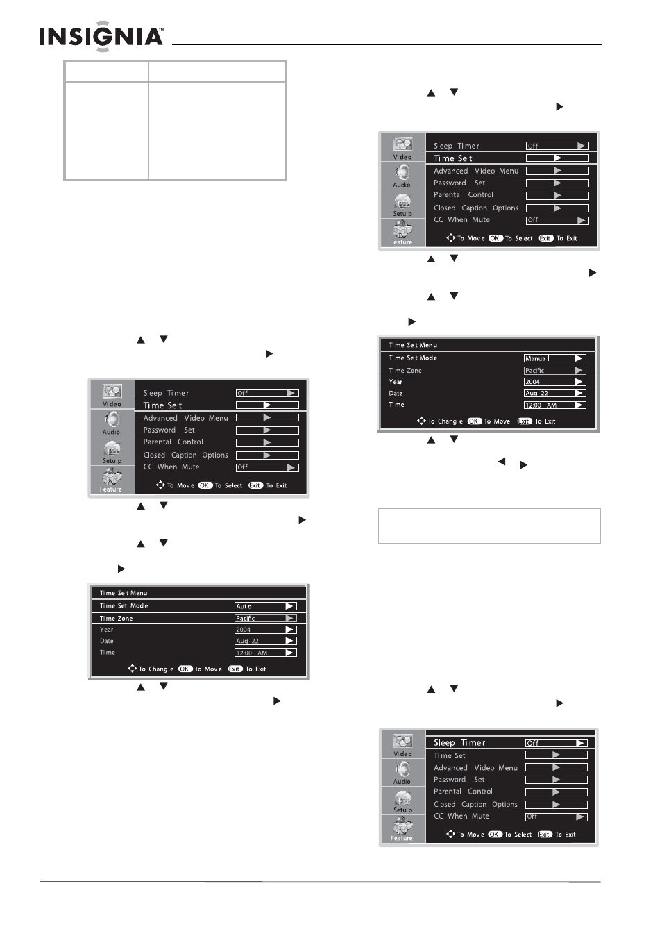 Ajuste automático del reloj, Ajuste manual del reloj, Uso del temporizador de apagado automático | Insignia NS-LCD26A User Manual | Page 82 / 100