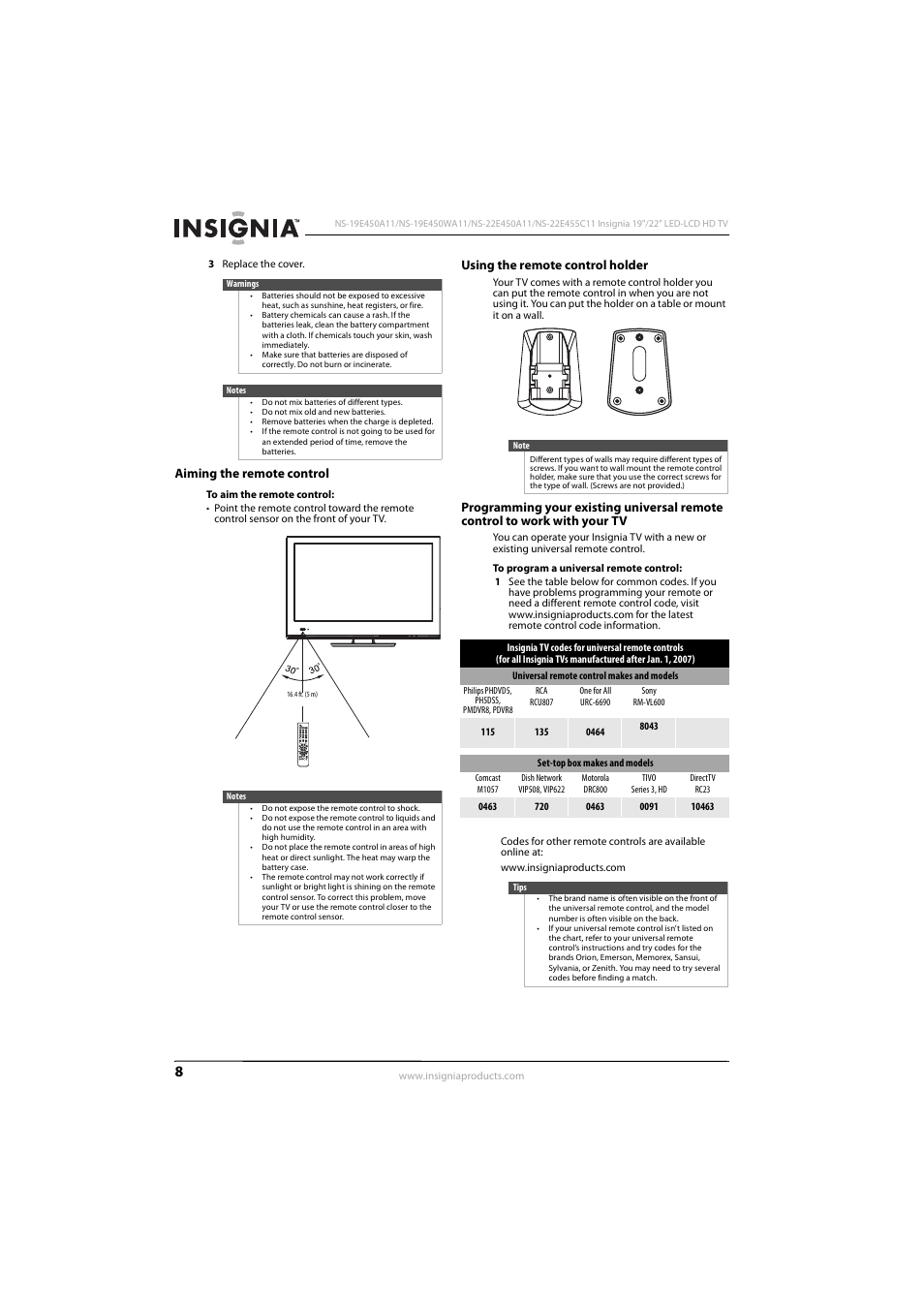 Aiming the remote control, Using the remote control holder | Insignia NS-22E450A11 User Manual | Page 12 / 52
