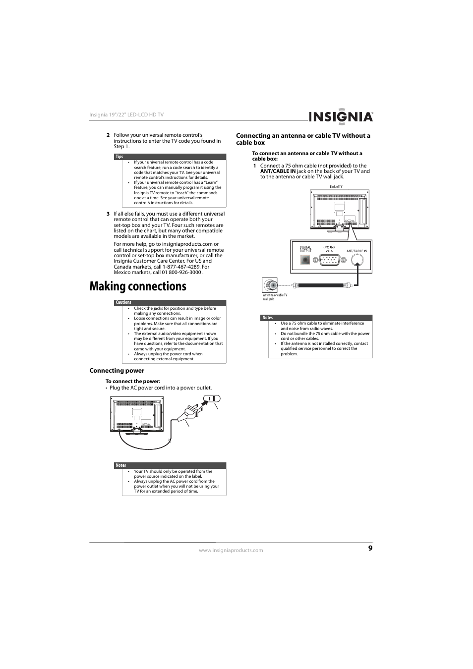 Making connections, Connecting power | Insignia NS-22E450A11 User Manual | Page 13 / 52